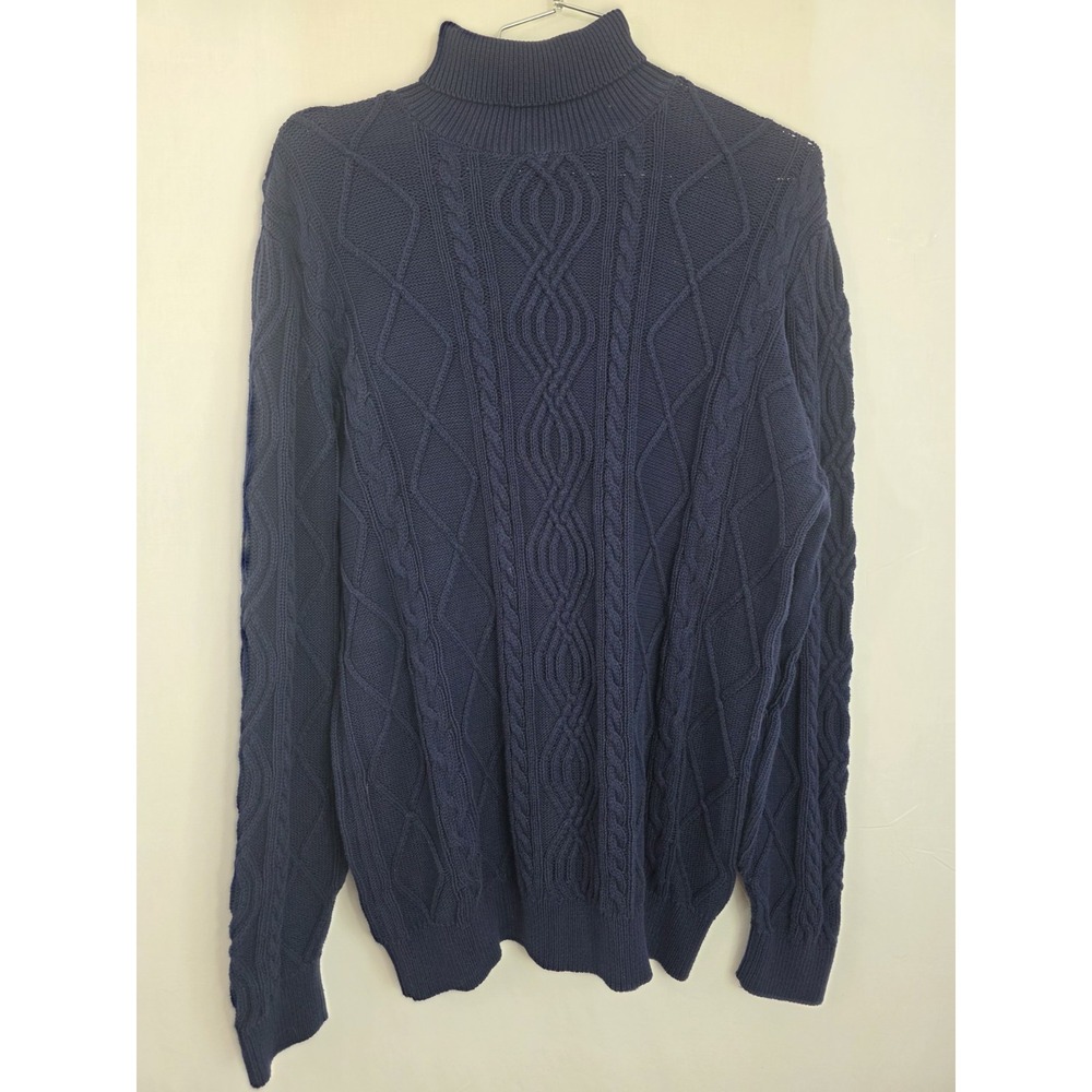 John Blair Sz. L Mens Fishermans Cableknit Turtleneck Pullover Sweater Navy